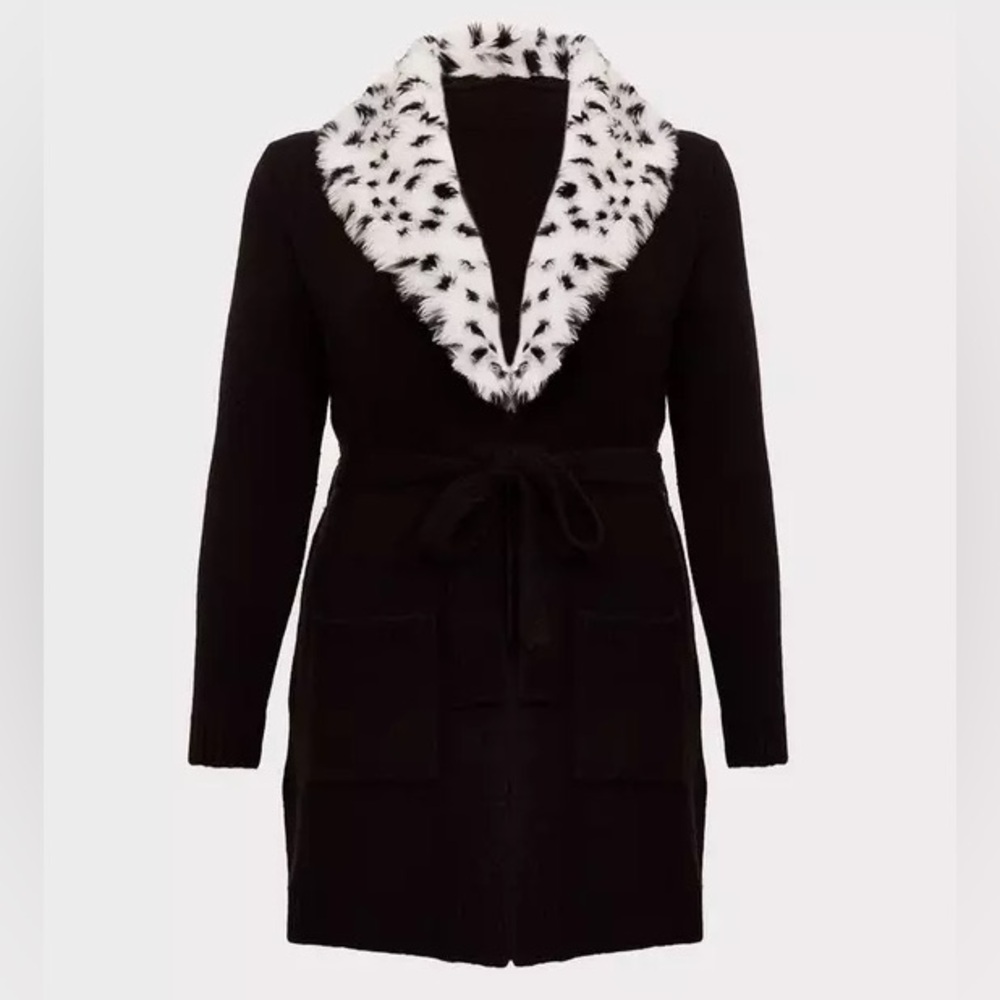 Torrid x Disney Villains Cruella De Vil Black Faux Fur Self-Tie Cardigan 3X EUC
